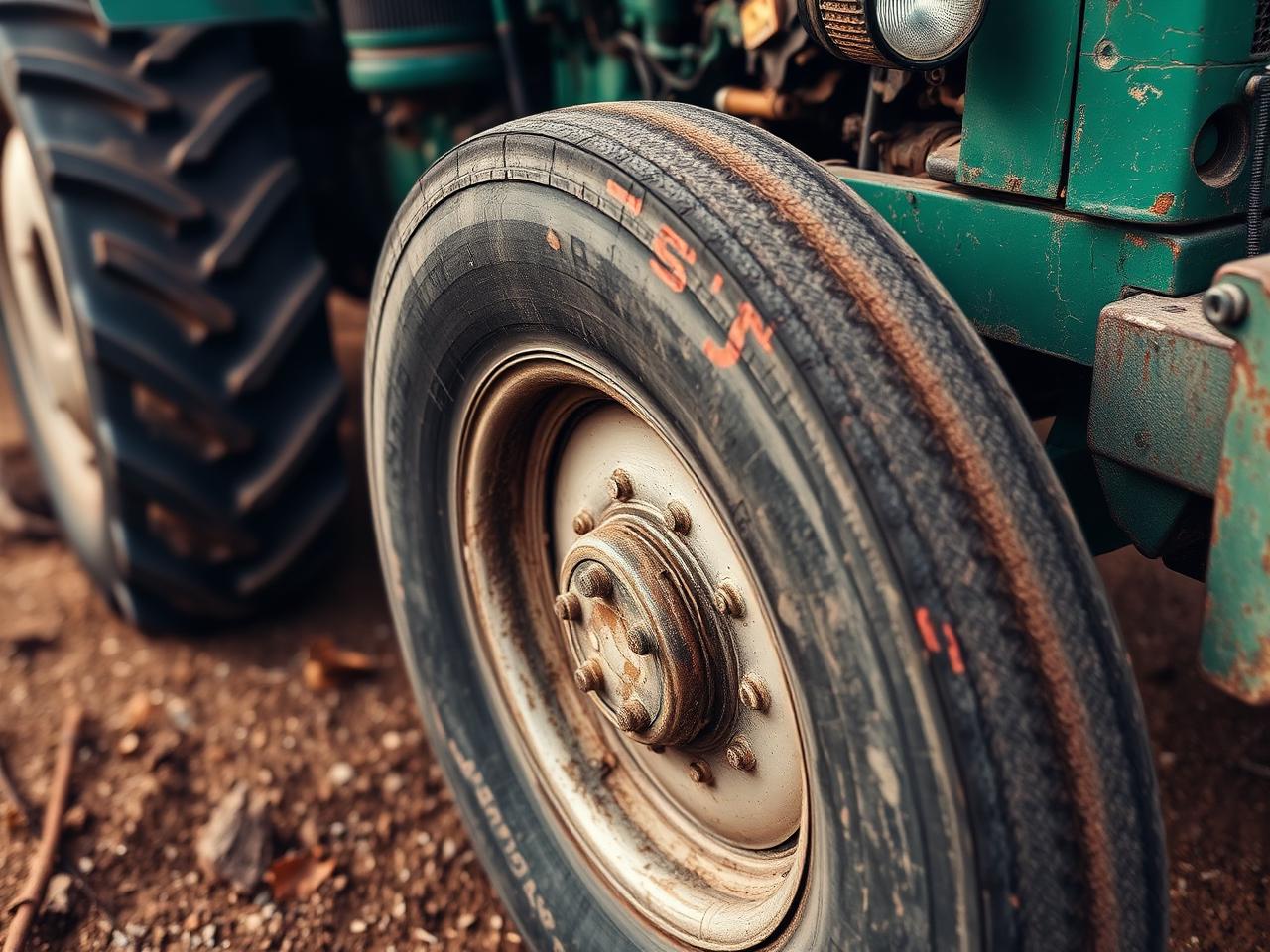 Close-up of a well-worn green tractor wheel and fender
